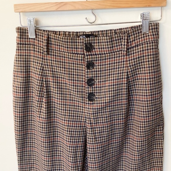 Zara Elastic Waist Button Fly Plaid Trouser Pants - Tan/Rust/Navy/Burgundy - S - Picture 2 of 8